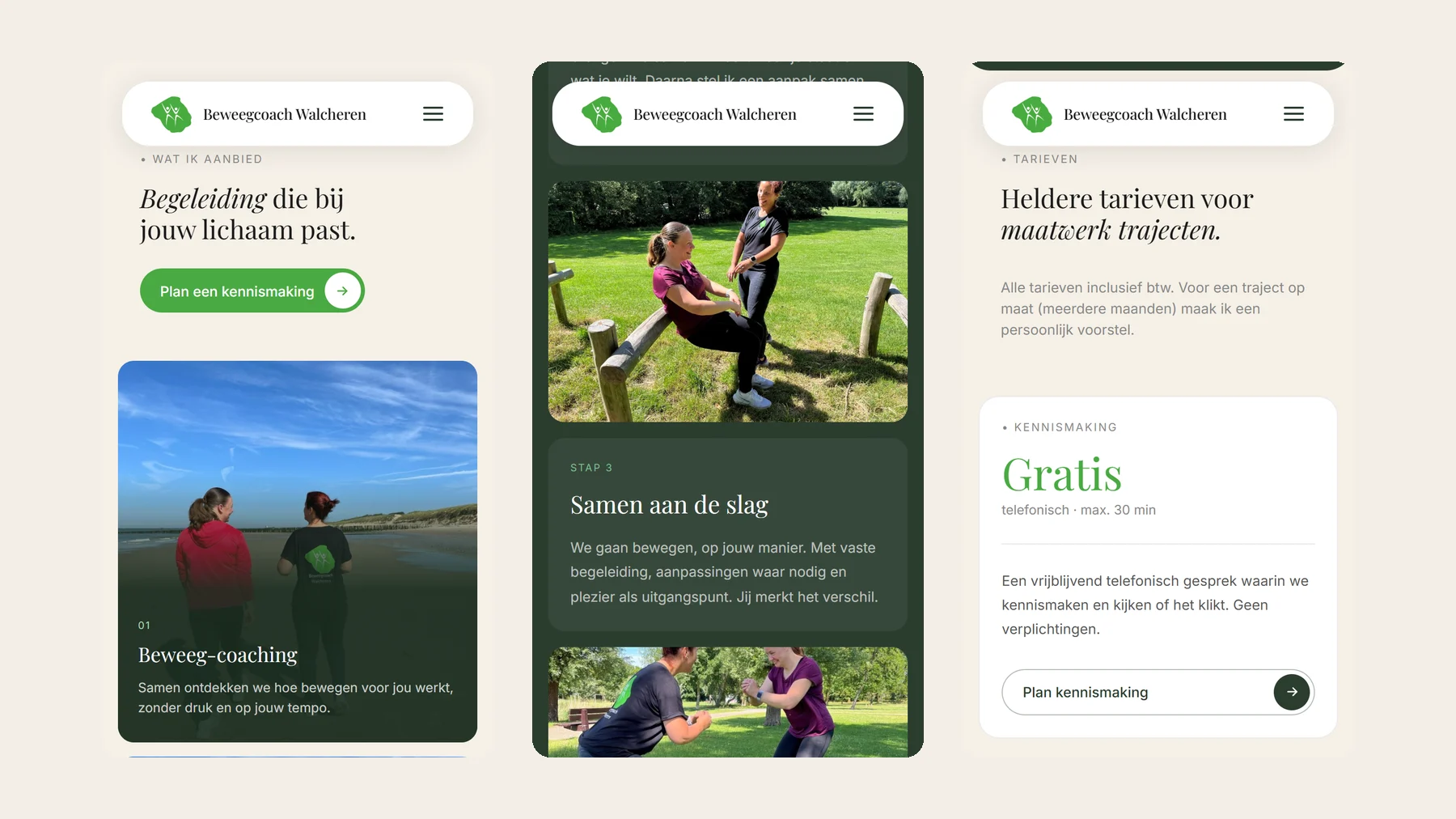 Drie mobiele schermen van Beweegcoach Walcheren: het aanbod, de stappen van de werkwijze en de tarieven