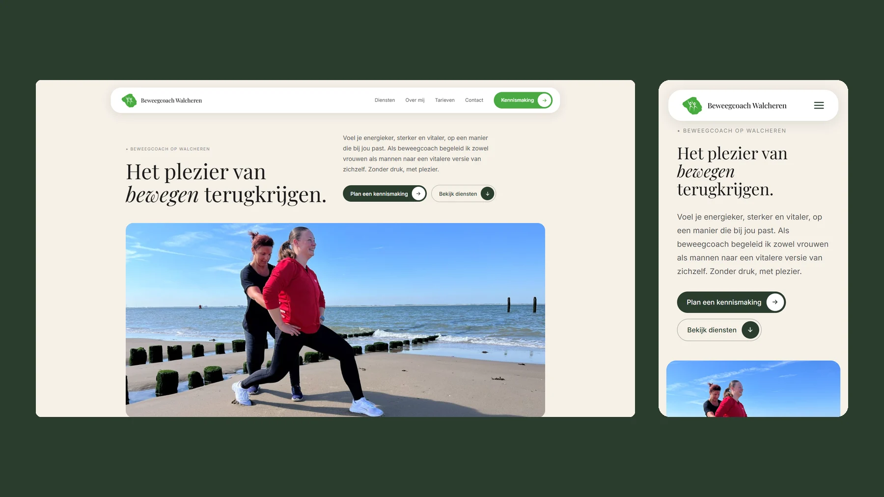 De homepage van Beweegcoach Walcheren op desktop en mobiel, met een training op het strand