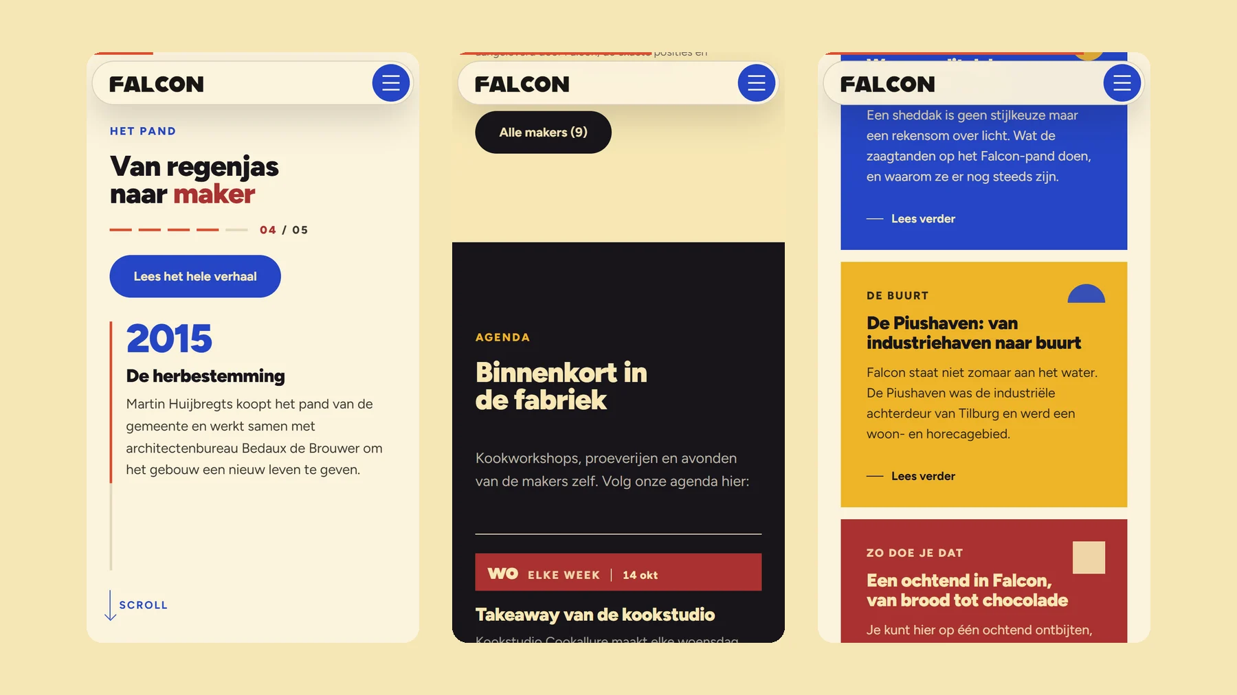 Drie mobiele schermen van Falcon: de tijdlijn van het pand, de agenda op zwart en nieuwsberichten in geel en rood