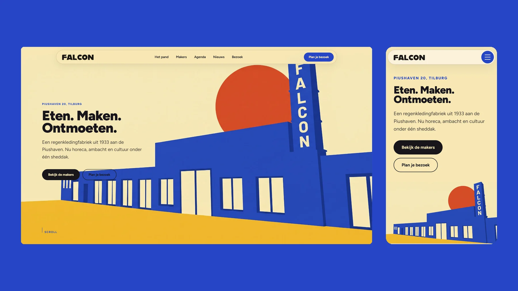 De homepage van Falcon op desktop en mobiel, met een getekend blauw fabriekspand