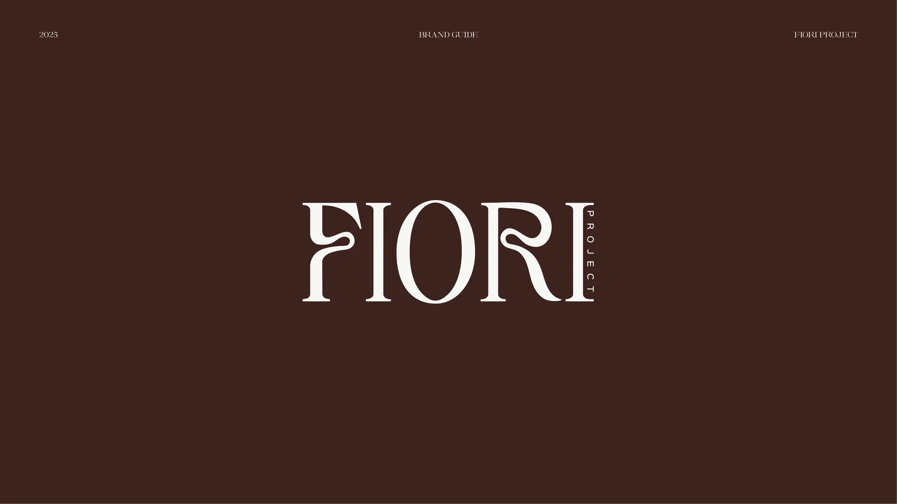 De titelpagina van de merkgids van Fiori Project, het woordmerk in wit op donker aubergine