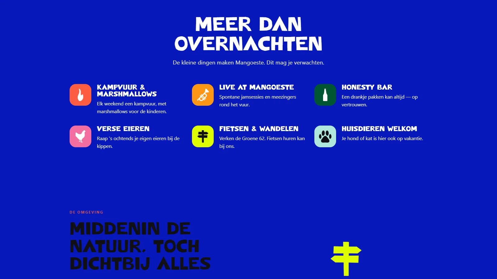 Een blauw blok met zes onderdelen van de beleving, zoals kampvuur, live muziek, honesty bar en verse eieren, elk met een eigen icoon