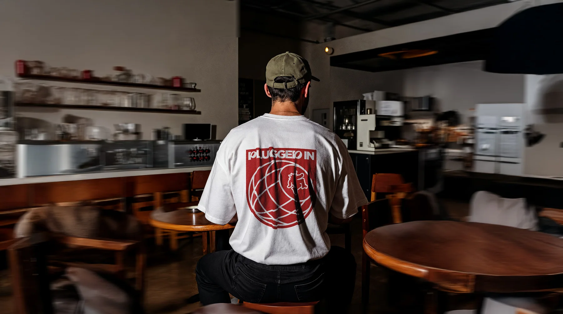 Iemand in een wit shirt met het Plugged In-embleem op de rug, aan de bar van een koffiezaak