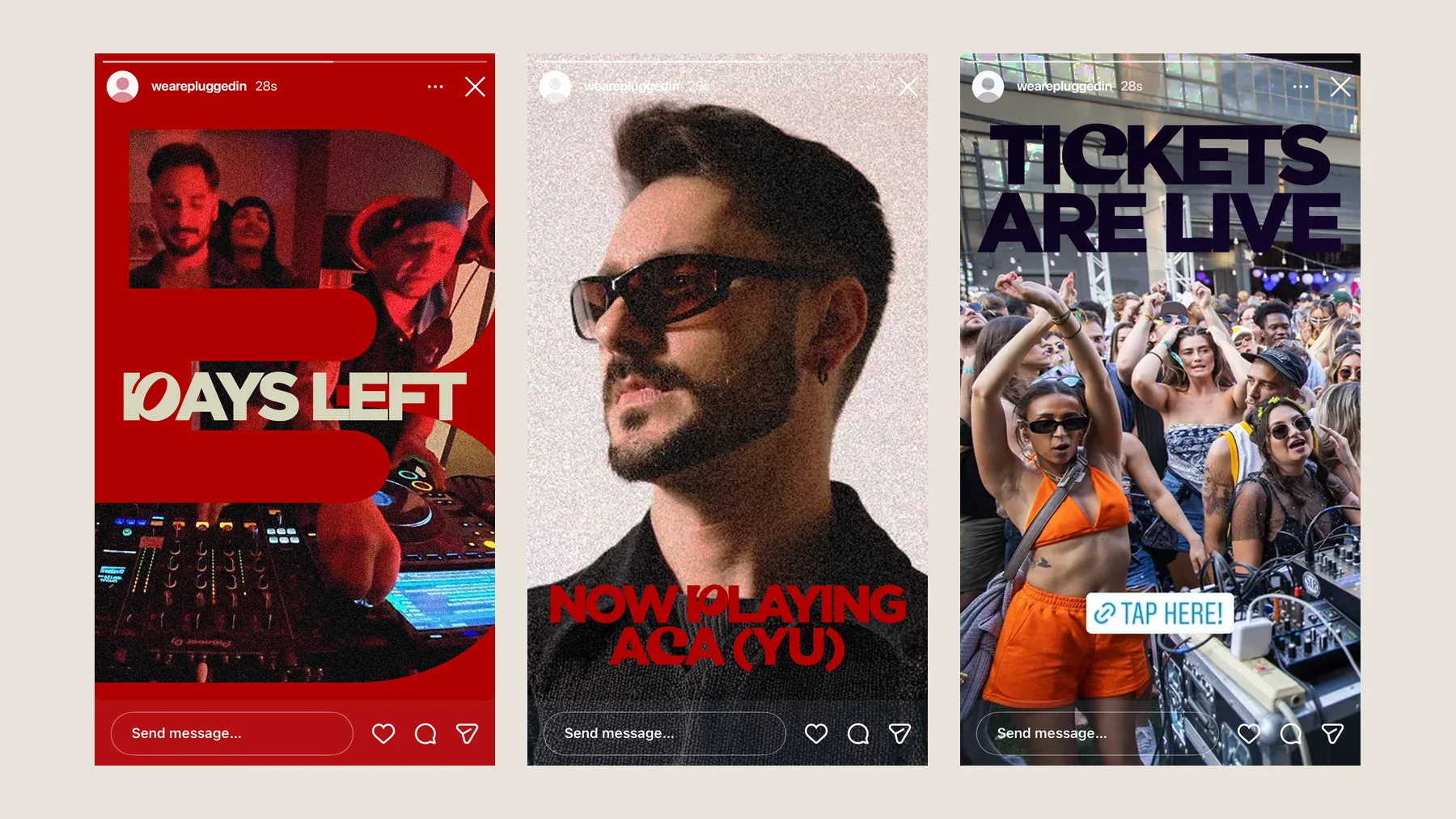 Drie Instagram-stories naast elkaar: een aftelling met days left, een now playing-kaart voor ACA en een aankondiging tickets are live
