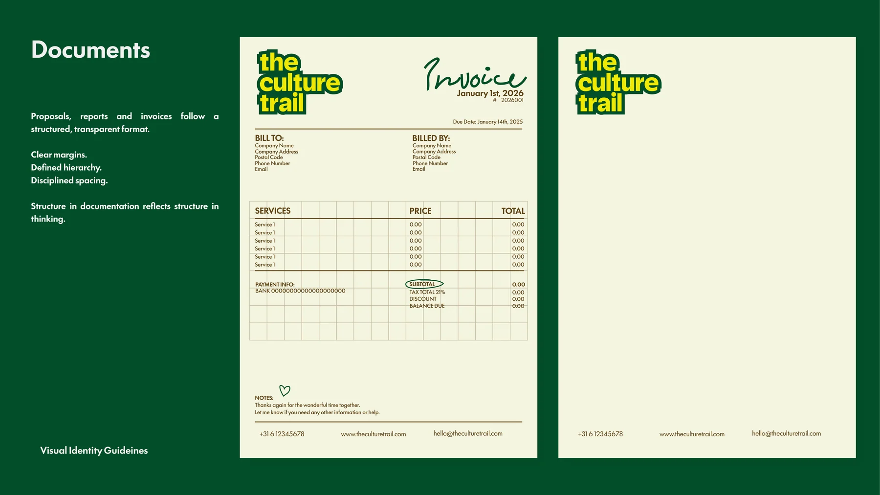 Documentsysteem van The Culture Trail: briefpapier, factuur en rapportomslag in dezelfde taal