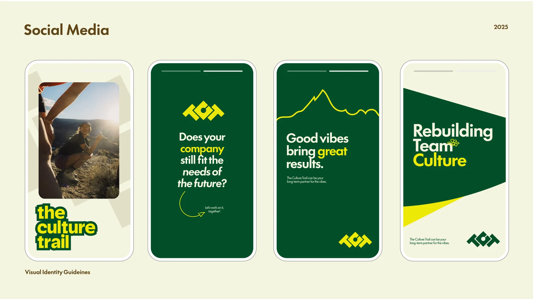 Social-toepassingen van The Culture Trail: vier telefoonschermen met posts in groen, geel en fotografie