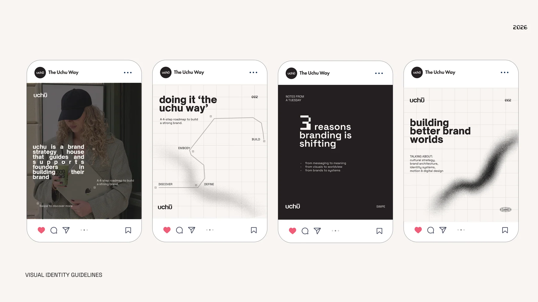 Vier social-posts van The Uchu Way naast elkaar, met dezelfde typografie en halftonebeelden