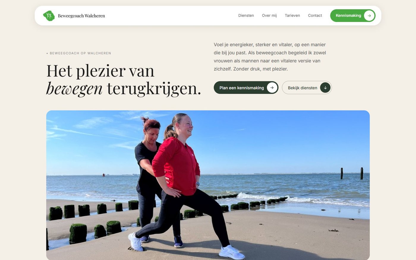 De homepagina van Beweegcoach Walcheren op een desktopscherm