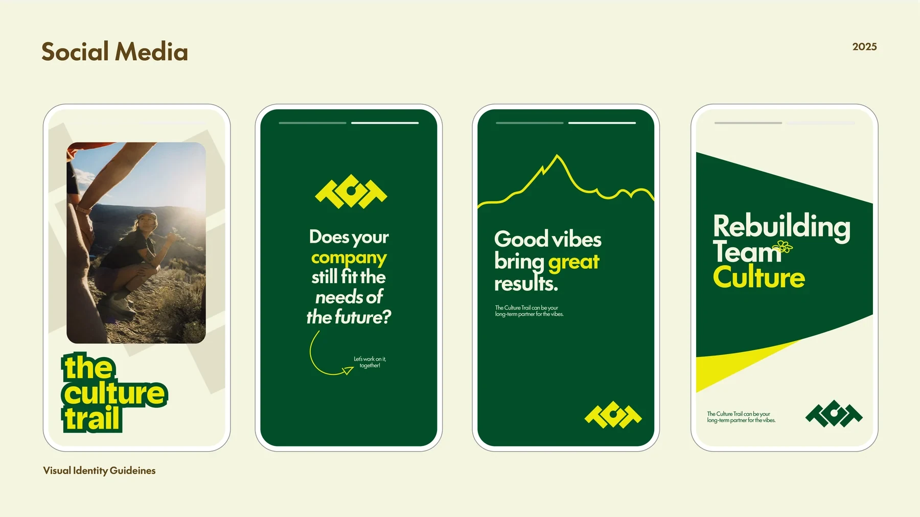 Social-toepassingen van The Culture Trail: vier telefoonschermen met posts in groen, geel en fotografie